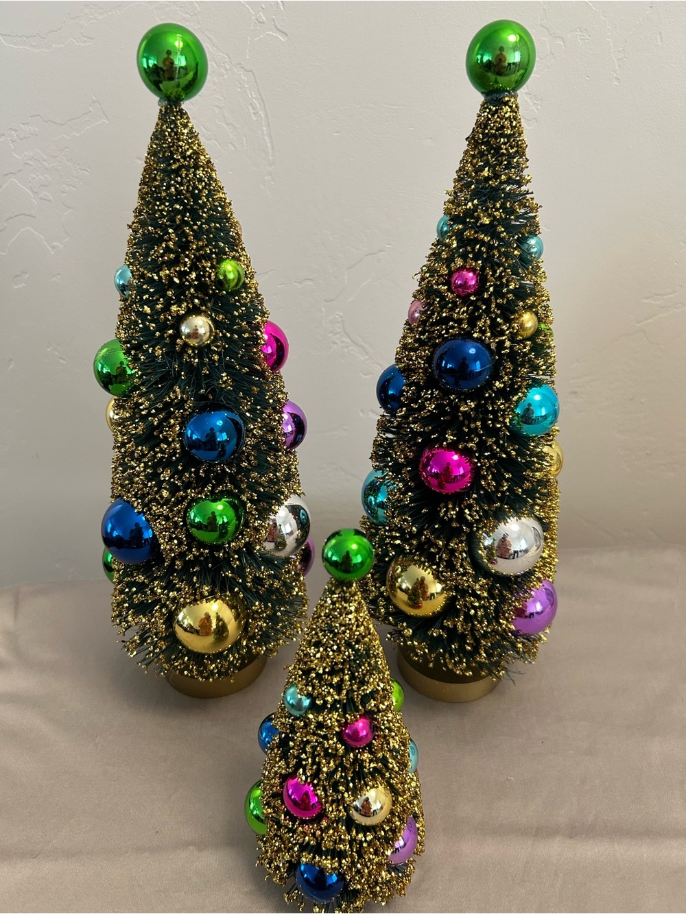 Green Holiday Tree Set with Multicolor Ornaments Set of 3